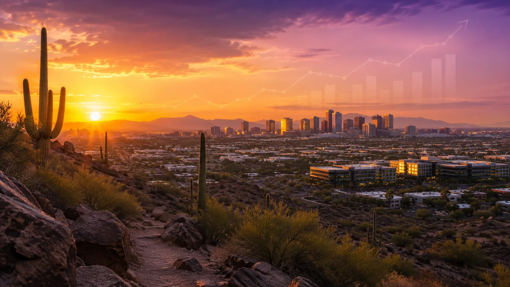 Arizona desert and Phoenix metro skyline at sunset with a subtle growth overlay