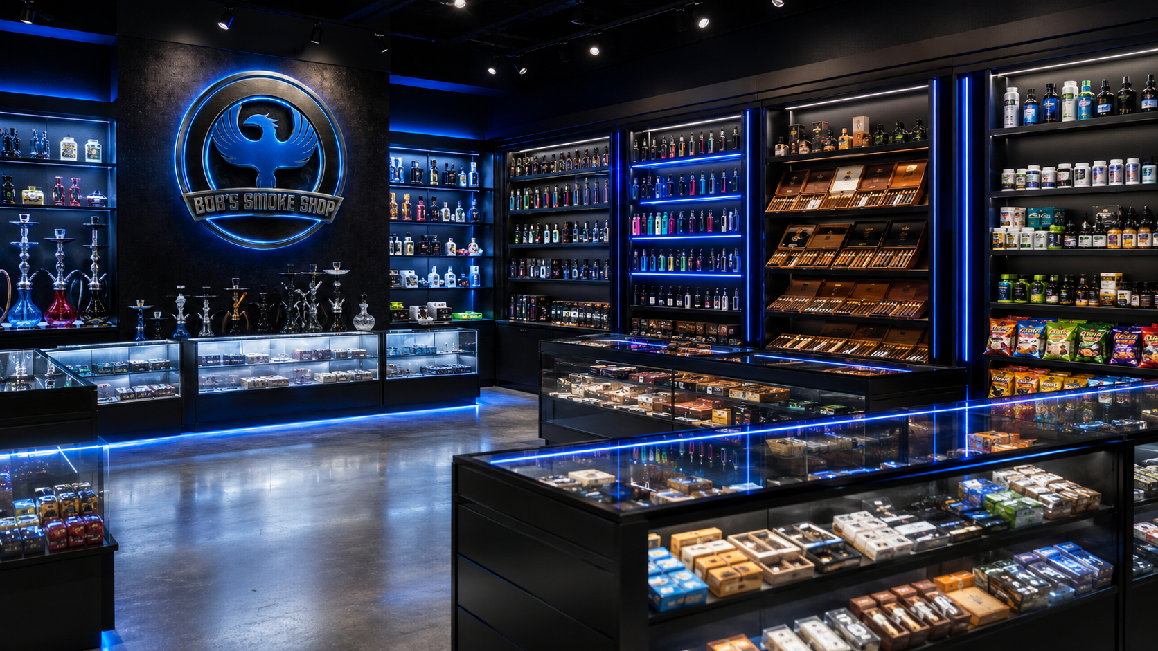 Blue-lit smoke shop interior with display cases