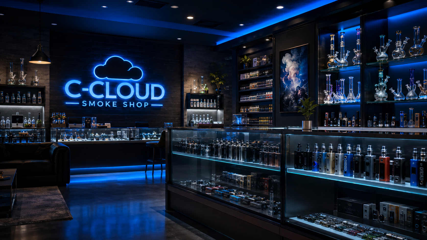 C-CLOUD blue neon smoke shop interior website