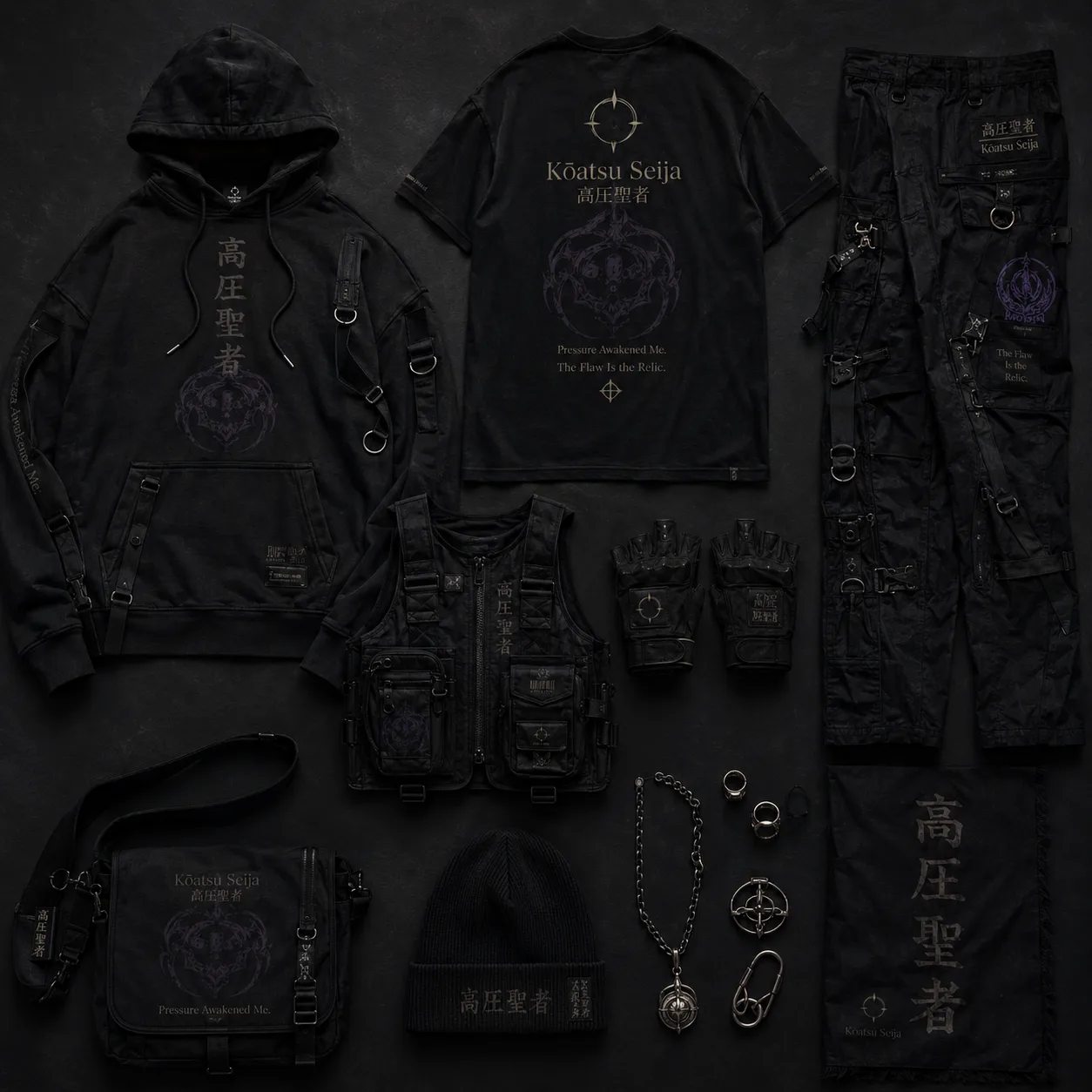 Kōatsu Seija Streetwear Techwear Lookbook Flat Lay visual