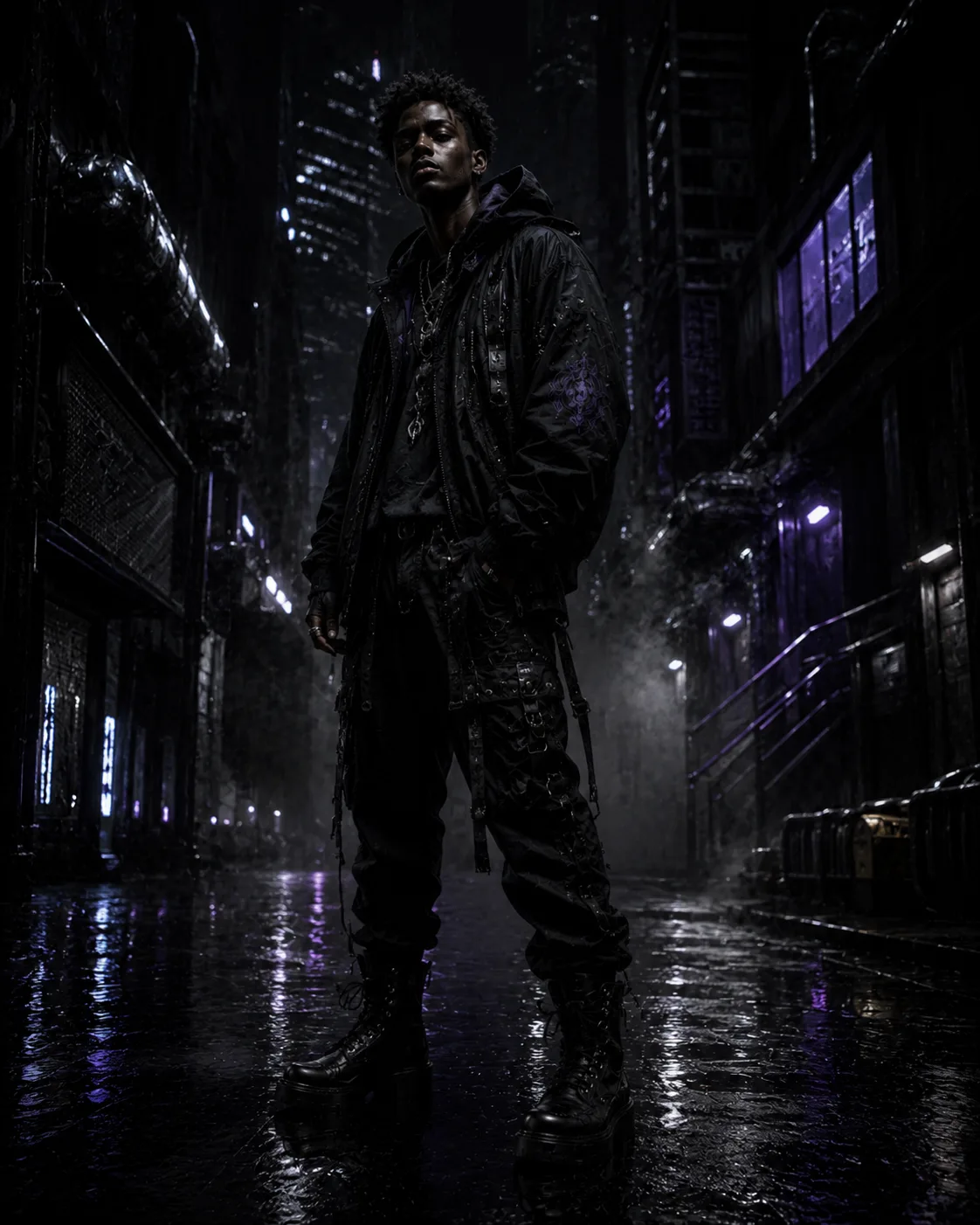 Kōatsu Seija Cyberpunk Figure in Rainy Urban Alley visual