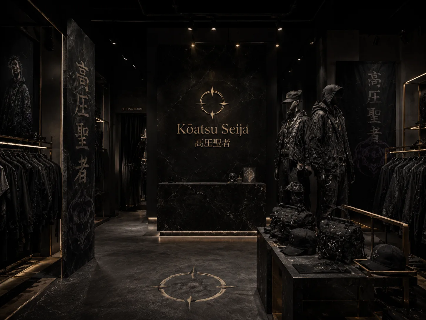 Kōatsu Seija Gothic Techwear Showroom with Golden Accents visual