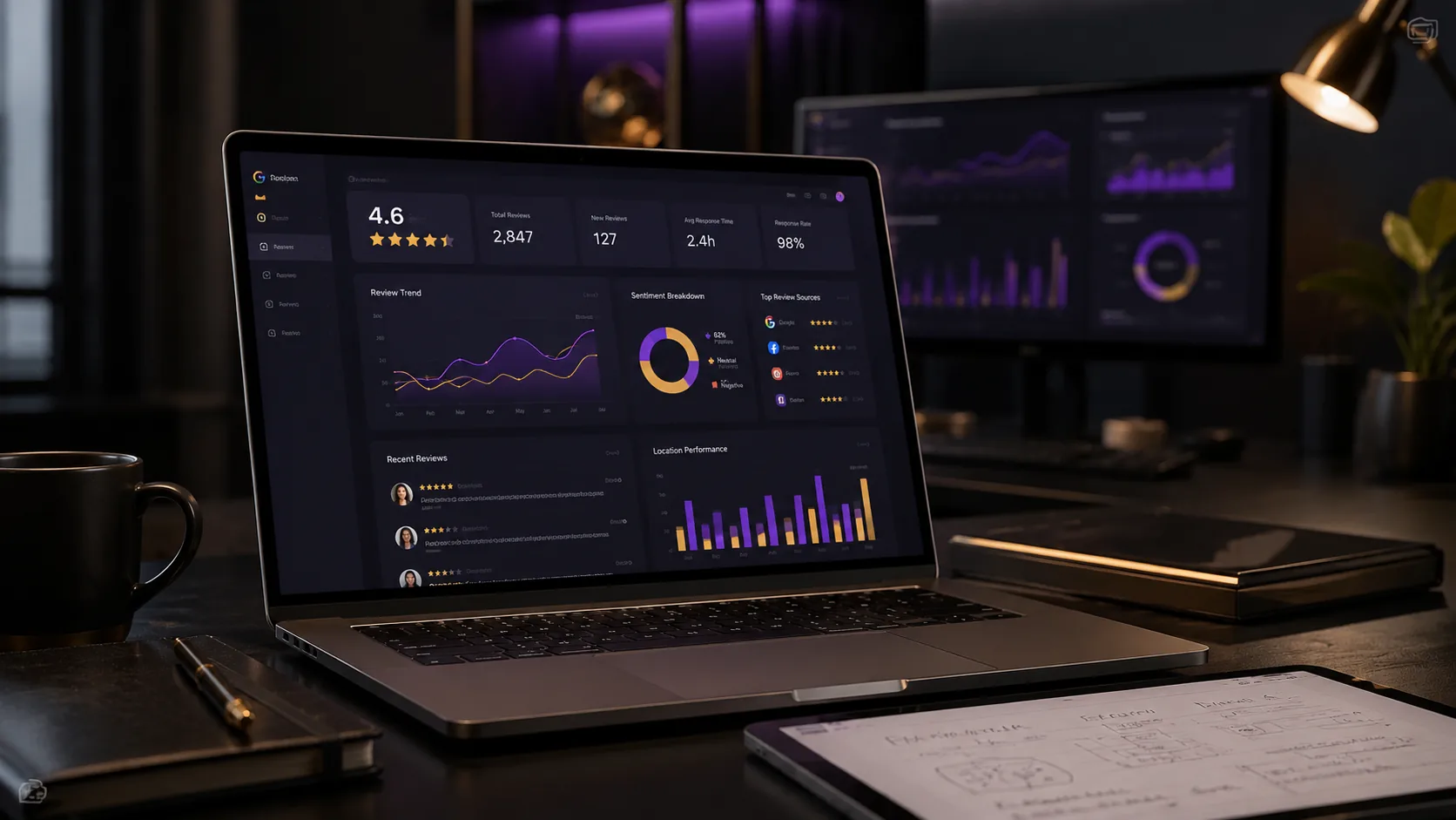 Professional review analytics workspace with dashboard screens for Skye Review Lab
