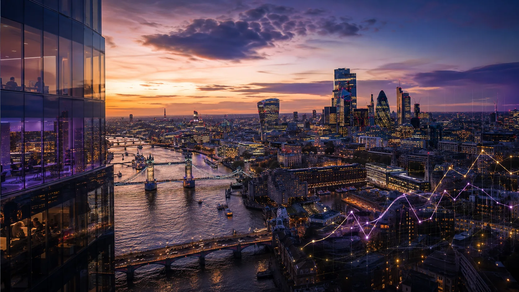 London skyline at dusk with restrained analytics overlays for Skyes Over London